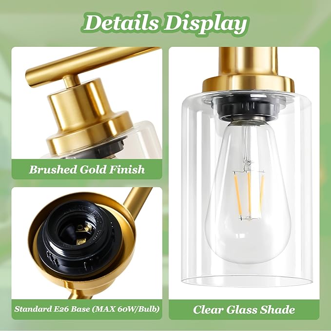 Guliaofo 5-Light Bathroom Vanity Lights, E26 Modern Brushed Gold Bathroom Light Fixtures with Clear Glass Shade, Mirror Kitchen Hallway Cabinet Living Room Sconces Wall Lights