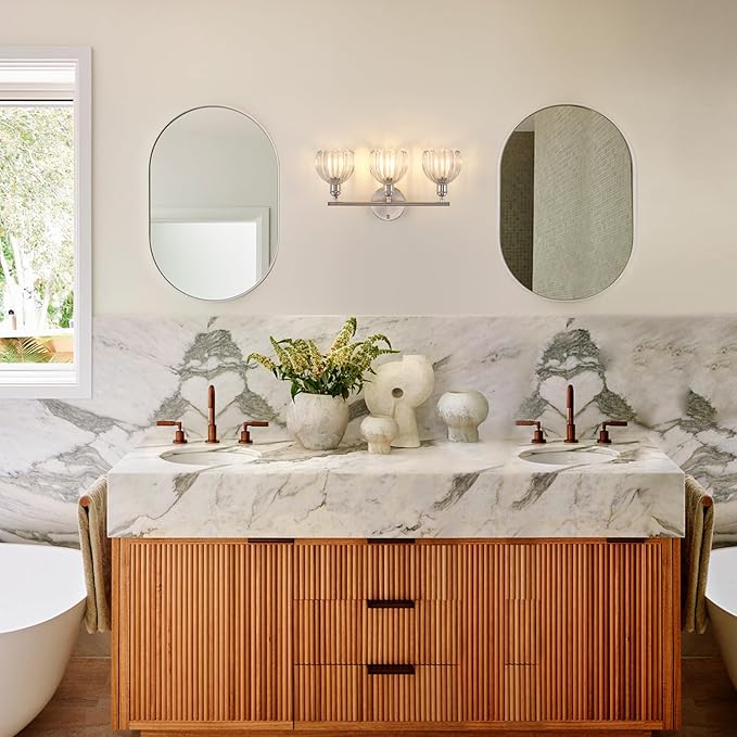 Shenmoyl Bathroom Light Fixtures, 3-Light Vanity Wall Light Over Mirror with Clear Tulip Glass Shade for Bedroom Living Room (Bulb Not Included), Satin Nickel