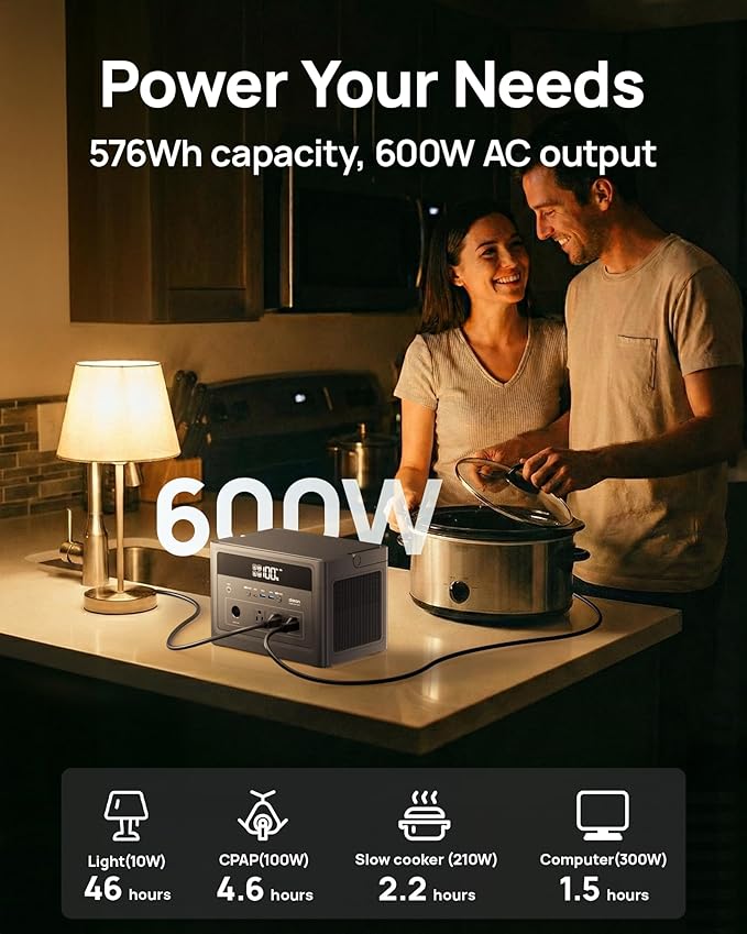 DaranEner Portable Power Station 600W (1200W Surge), 576Wh LiFePO4 Battery Backup, Solar Generator with 100W USB-C Fast Charge, Outdoor Camping RV Backup Power, Home Emergency Power Supply
