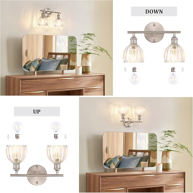 Shenmoyl Bathroom Light Fixtures, 2-Light Vanity Wall Light Over Mirror with Clear Tulip Glass Shade for Bedroom Living Room (Bulb Not Included), Satin Nickel