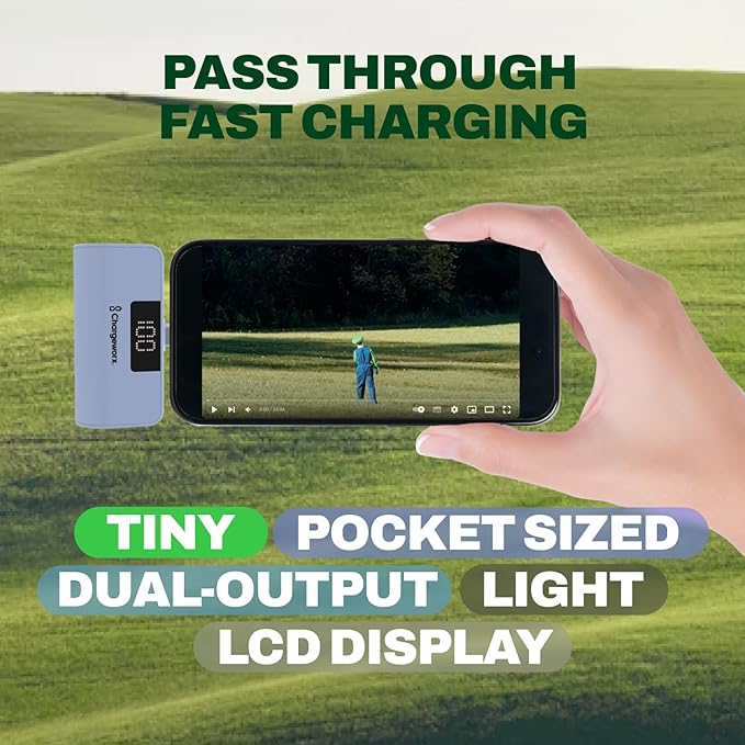 CHARGEWORX Mini Portable Charger Power Bank with Built-in USB-C Connector, Compact 5,000 mAh Power Bank with Fast-Charge Dual Output, Pass-Through Charging, LCD Display for Battery Status, Coral Blue