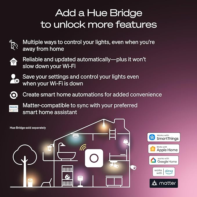 Philips Hue Smart LED A19 Bulb, White & Color Ambiance, E26 Base, 7.2W, Full Spectrum Light 1000K-20000K, 810 Lumens, Dimmable LED Bulbs, Works with Alexa, Google,& Apple Home, 3pk