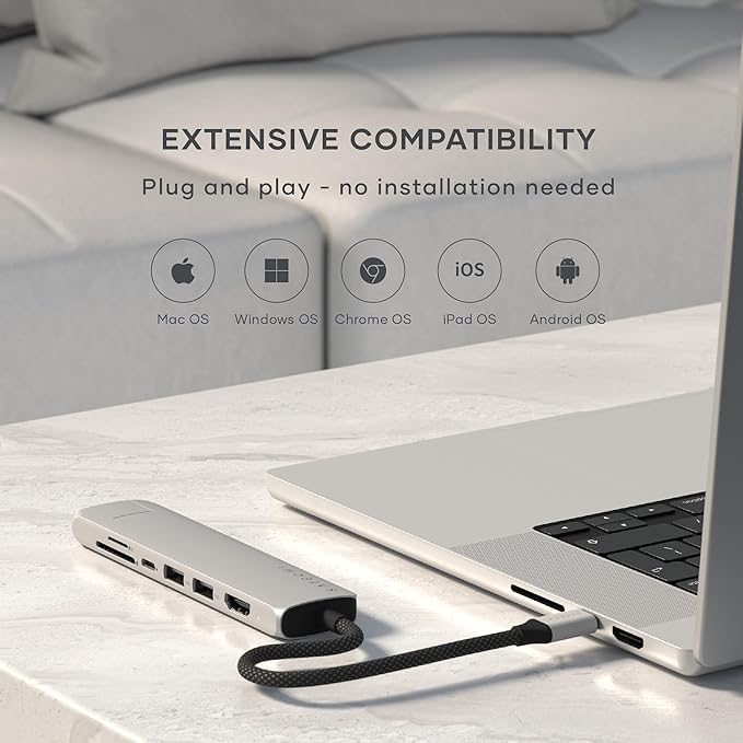 Satechi 7 in 1 USB C Hub Multiport Adapter with Ethernet, HDMI 4K@60Hz, 100W PD Charging, 2X USB-A Data Ports, Micro/SD Card Readers for MacBook Air/Pro M5/M4, iPad, Windows - Silver