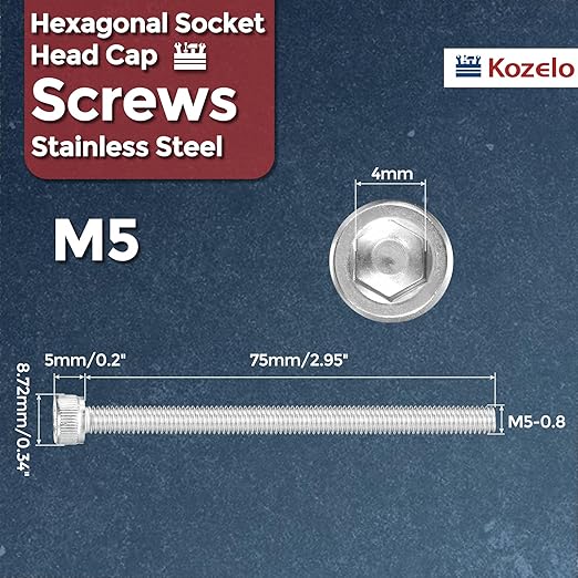 Kozelo 25pcs Socket Head Cap Screws - [M5-0.8 x 75mm] 304 Stainless Steel Allen Socket Drive for Electrical Motor 3D Printing Fan Engine Replacement Use, Silver