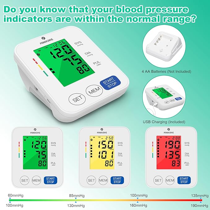 Panacare Blood Pressure Machine, Automatic Upper Arm Blood Pressure Monitor for Home use, 2x99 Readout and BP Cuff, 3.4" 3-Color Backlit Screen, Adjustable Large Cuff (8 to 16 inches), White