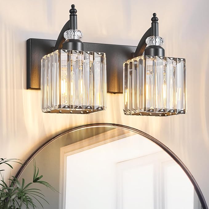 BBLLWJ Modern Bathroom Vanity Light 2-Light Black Crystal Light Fixtures Over Mirror for Bathroom Wall Sconce