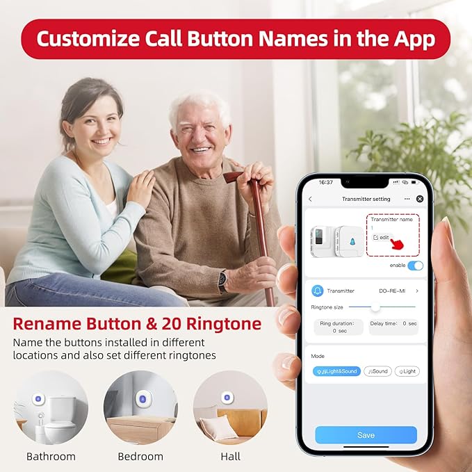 CallToU Wi-Fi Wireless Caregiver Pager Call Button for Elderly at Home , APP Emergency Alert for Seniors, Patients, and The Disabled (TY01WH-06W 3-1)
