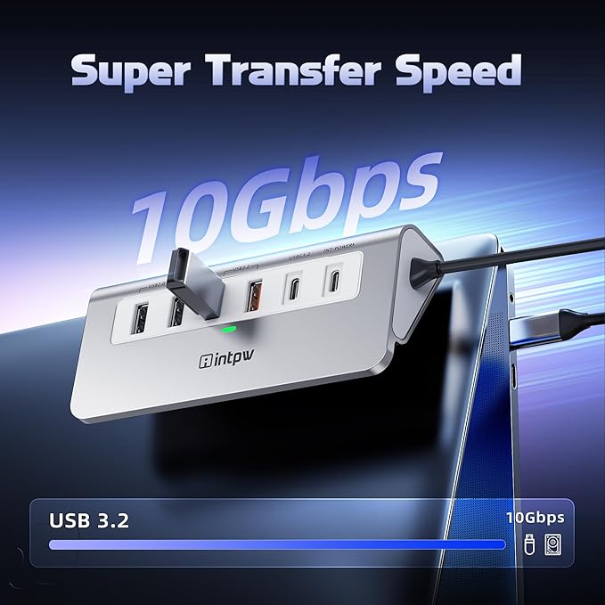 P9 PRO USB C Hub 10Gbps, intpw 9-in-1 USB 3.2 Hub with 4K@60Hz HDMI, 3 USB-A/C 3.2, 2 Type-A 2.0, PD 100W, SD/TF Slot, 3.28FT Aluminum USB Hub for PC, iPhone 16/15 Series, MacBook Air/Pro and More