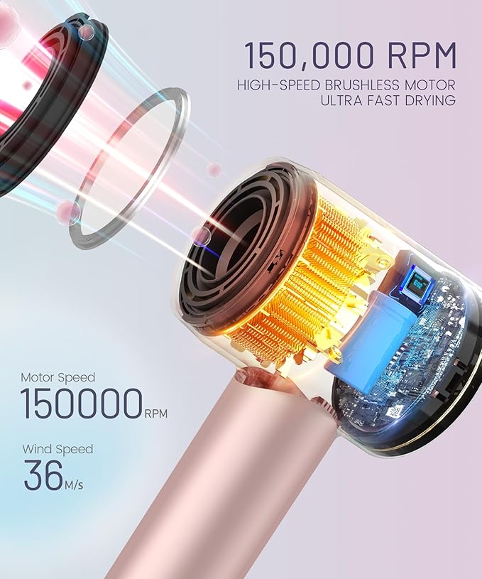 Cosy Companions High-Speed Ionic Hair Dryer, 150000 RPM Brushless Motor for 2-5 Min Fast Drying, Low Noise Blow Dryer Reduces Frizz & Heat Damage, Lightweight Hair Dryer with Diffuser & Nozzle, Pink