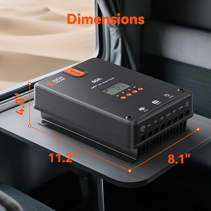 RICH SOLAR 60A MPPT Solar Charge Controller – High-Efficiency 12V/24V/36V/48V Auto Detection, 99% Tracking, Rugged Design for RVs, Boats & Off-Grid Systems
