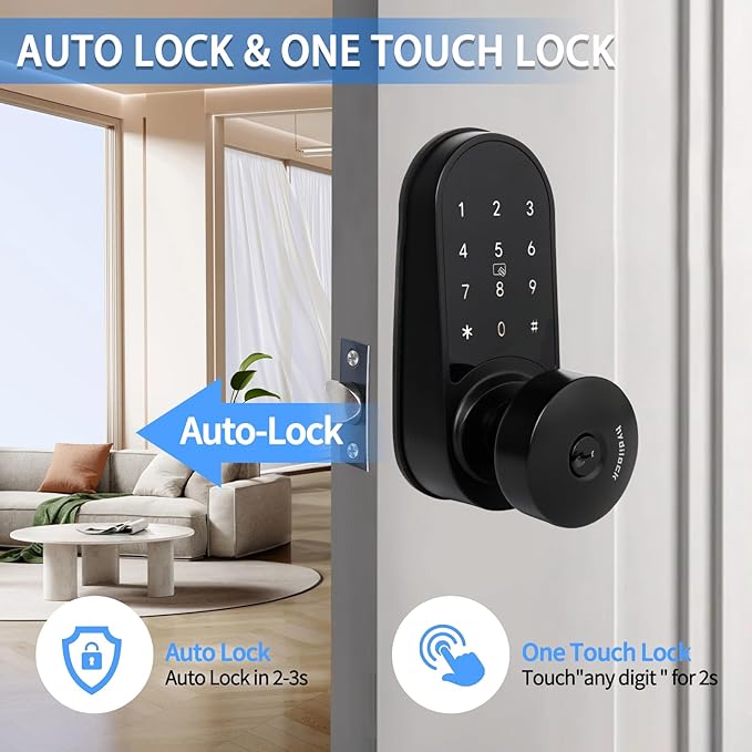 JESSTTI Electronic Door Lock with Touchscreens,Door Locks for Front Door, Electronic Door Knob with/IC Card/Password/Key,Digital Door Lock with Keypad