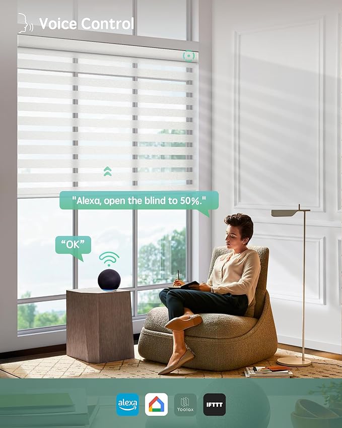 Yoolax Motorized Zebra Blinds Compatible with Alexa,Motorized Blinds with Remote Smart Automatic Custom Electric Window Blinds Cordless Indoor Blackout for Home Bedroom Kitchen (Sheer White)