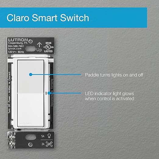 Lutron Claro Smart Light Switch w/ Wall Plate for Caseta Lighting, for LED Lights, Fans, 5 Amp, Single-Pole/3-Way, Neutral Required, DVRFW-5NS-WH-A, White