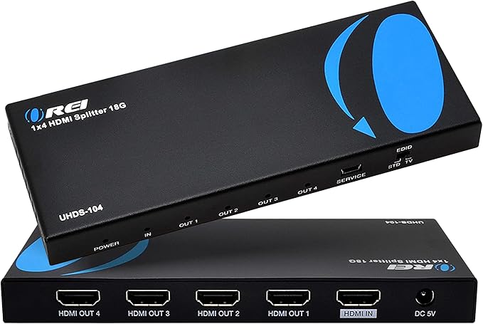 OREI HDMI Splitter 1 in 4 Out – 1x4 4K@60Hz HDMI 2.0 UHD Powered 4-Port HDMI Splitter with HDCP 2.2, EDID Management, 18Gbps Bandwidth – 4-Way Output for TV, Fire Stick, PS5, Blu-ray