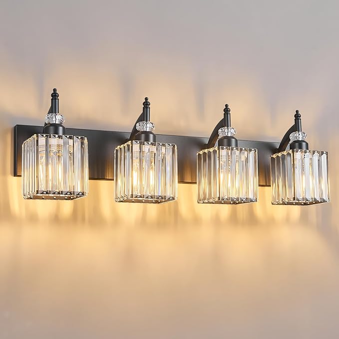 BBLLWJ Modern Bathroom Vanity Light 4-Light Black Crystal Light Fixtures Over Mirror for Bathroom Wall Sconce