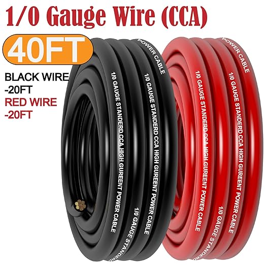 1/0 Gauge Wire Copper Clad Aluminum CCA (20Ft Each Black/Red) Primary Automotive Wire,1Pcs 250A ANL Fuse Holder,Battery Cable for Car Audio Speaker,Solar,RV Trailer Amp Wiring