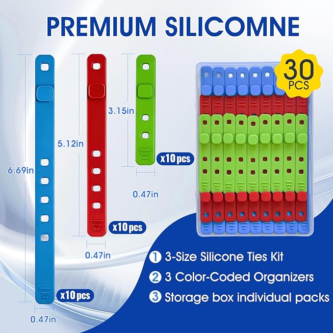 AROIC 30Pcs Reusable Silicone Cable Ties, 3-Size Adjustable Cord Organizer Set for Home Office & Travel Essentials - Under Desk Cable Management, Wire Organizer for Computer, Kitchen, Data Cords