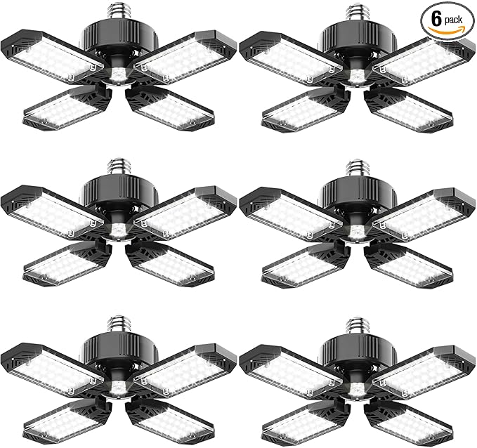 CHENGCHILIT LED Garage Light - 6 Pack 130W 13000LM Deformable 4+1 Panel LED Garage Ceiling Lights with Transformer, E26/27 Base, 6500K Daylight White Shop Lights for Factory, Storage Room, Warehouse