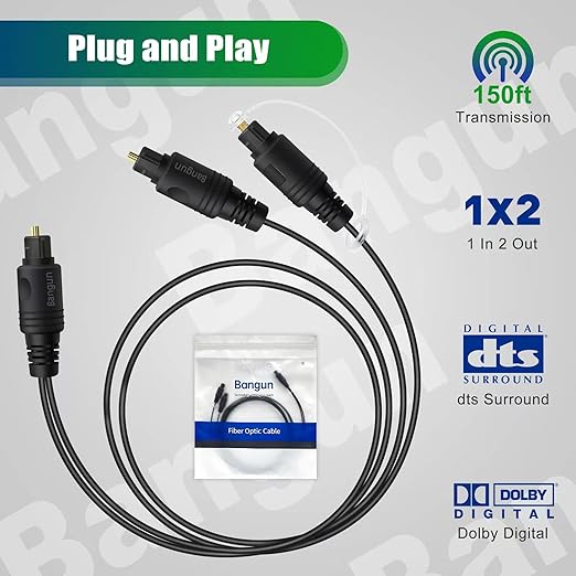 Bangun 1x2 Digital Audio Splitter Cable, Toslink Digital Fiber Optic Audio Splitter 1 Male Input 2 Male Output (for Home Theatre, Xbox, PS5/PS4), 3ft