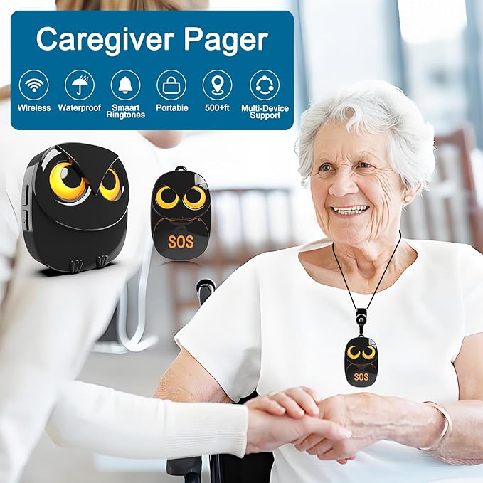 HTZSAFE Caregiver Pager Wireless Call Button 500+ Feet, SOS Alert Nurse Calling Elderly Fall Help System for Patient/Disabled Monitoring at Home, IP55 Waterproof, 2 Transmitters + 2 Receivers, Black