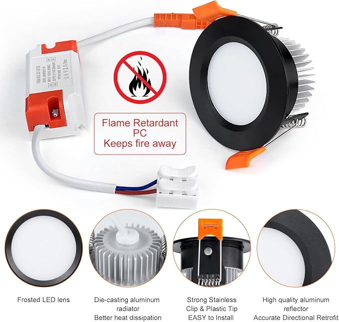 inShareplus 2 Inch LED Recessed Lighting, Black Downlight Dimmable 3W (35W Equivalent), 3000K Warm White, CRI80, Recessed Light Fixtures with LED Driver (10 Pack