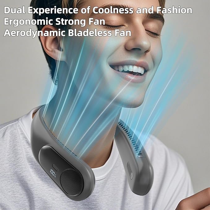 Portable Neck Fan,Personal Wearable Bladeless Fan,LED Display,4-Speeds,6000mAh USB Rechargeable,360° Strong Cooling Wind,Hands Free,White Elephant Gift,Christmas Gifts for Men Women (Dark grey)