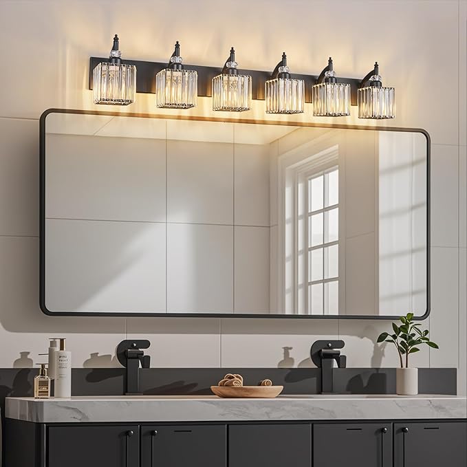 BBLLWJ Crystal Vanity Lights - Black, 6 Light Bathroom Vanity Light with Crystal Fixture, Modern Style for Bathroom Mirror