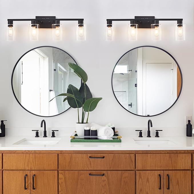SOPEAS 4 Light Bathroom Vanity Light Fixtures, Black Farmhouse Bathroom Vanity Light with Clear Glass Shade, Bathroom Lighting Fixtures Over Mirror, Vanity Lights for Bathroom Mirror