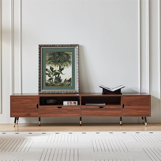 siu want Mid-Century Modern TV Stand for TVs up to 85 Inch, 78.7'' Walnut Wood Media Console with Drawers & Open Storage, Solid Wood Legs, Low Profile Entertainment Center for Living Room