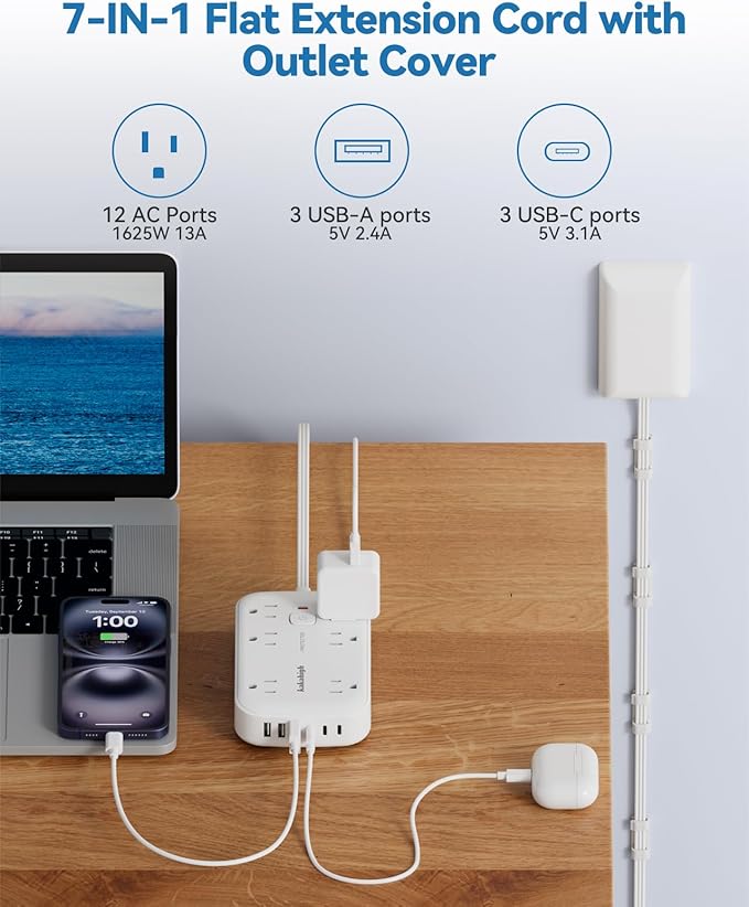 20FT Extension Cord with Outlet Cover & Multi USB, Ultra Thin Outlet Concealer with Cord & 12AC Outlet 6 USB (24W/4.8A), Charging Station for Multiple Devices, for Behind Wall Furniture Couch TV