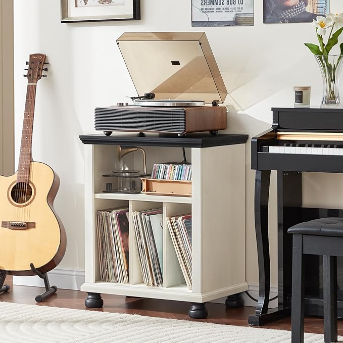 Joaxswe Record Player Stand with Charging Station Up to 200 Albums, 24" Wide Mid-Century Record Player Table with Vinyl Record Storage,Large Wood Turntable Stand Dispaly Cabinet for Living Room,White