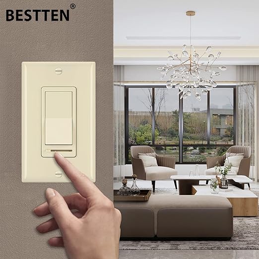 BESTTEN 2 Pack Almond Dimmer Wall Light Switch, Compatible with Dimmable LED, CFL, Incandescent and Halogen Bulb, Single Pole or 3-Way Dimmer Switches, 120VAC, Decorator Wall Plate Included