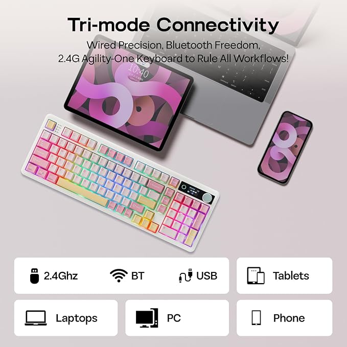 EPOMAKER TH99 PRO 96% Mechanical Keyboard with Screen & Knob, 10000mAh, 2.4Ghz/BT, Hot Swap, Custom Driver, RGB Backlight, PBT Keycap, Wireless Gaming Keyboard for PC/Mac (Pink, Sea Salt Silent)