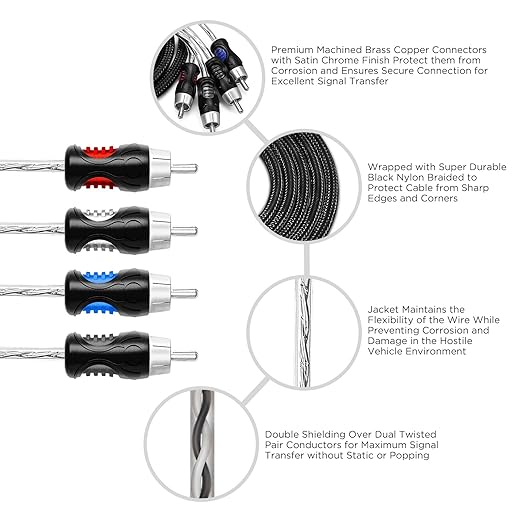 RECOIL PCI49 Premium 100% Oxygen Free Copper 9ft 4-Channel RCA Audio Interconnects Cable (4X RCA Male to 4X RCA Male) Double Shielded with Noise Reduction