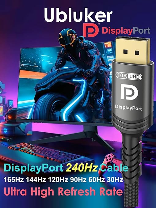 Ubluker 10K 8K DisplayPort 2.1 Cable 54Gbps 16.4 FT, Certified DP to DP Cord 4K 240Hz 165Hz 144Hz 120Hz 10K 8K 120Hz Nylon Braided UHBR HDCP2.3 FreeSync G-Sync RTX5090 Gaming Monitor PC Projector