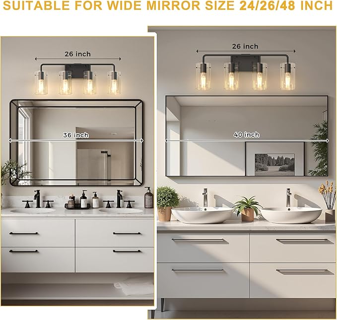 L LOHAS LED 4-Light Bathroom Light Fixtures, 26.37" Black Bathroom Vanity Light with Straight Glass Shades, Modern Vanity Lights for Mirror Living Room Hallway, E26, ETL Listed