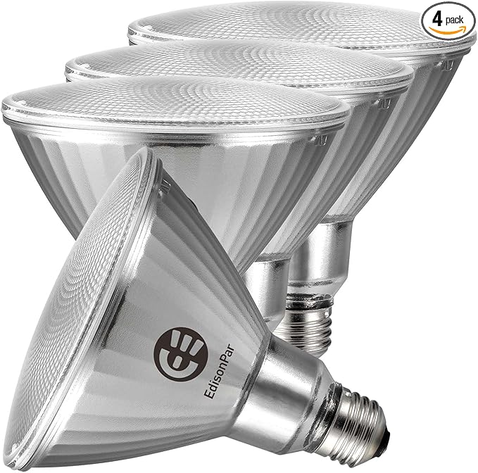 EdisonPar Full-Glass PAR38 LED Flood Light Bulbs Outdoor/Indoor Equivalent 350 Watt, 5500 Lumens Ultra Bright, Non-Dimmable Waterproof 5000K Daylight, 4-Pack