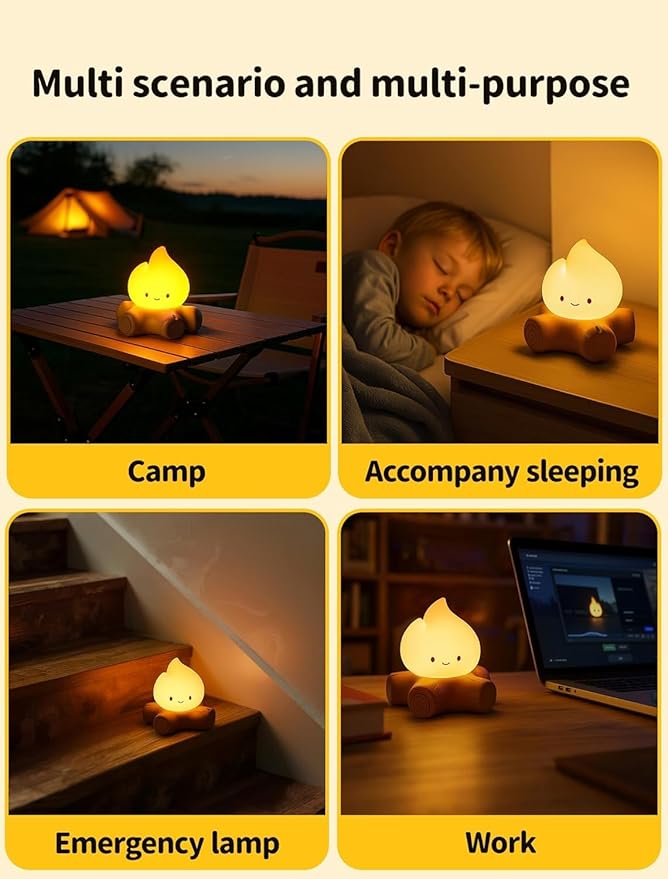 3 PCS Campfire Night Light, Rechargeable Flame Lamp, Cute Desk Lamps for Table Decorations, Flameless Candles Lights Gifts for Kids Teens Friends, Suitable for Birthday Party Holiday Camping Decor