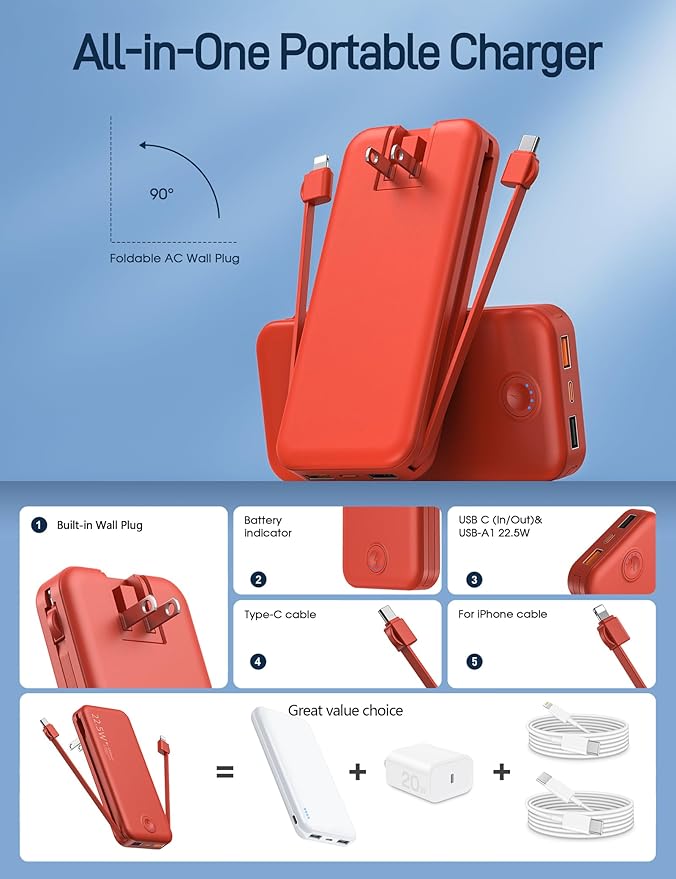 Nusyddy Portable Charger, 12000mAh 22.5W Fast Charging Power Bank with Built-in Cables & Wall Plug, Travel Essentials External Battery Pack, USB C Battery Phone Charger for iPhone, iPad, Samsung Red