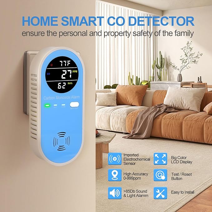 Vzmcov Plug-in Carbon Monoxide Detector with Real-Time CO Display & Temperature/Humidity Monitor, Plug-in CO Alarm for Home, RV, Apartment, Indoor Air Safety 3-Pack