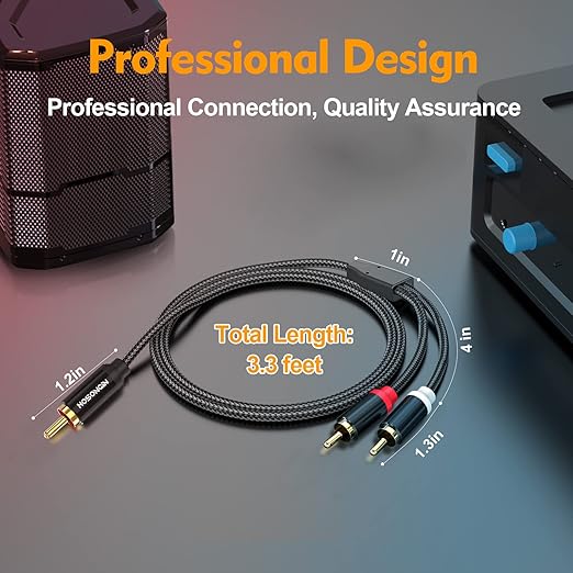 HOSONGIN RCA Y Splitter Cable, 3.3Ft, 2Pack, 1 Male to 2 Male Audio Cable, Gold-Plated, Noise-Free Durable Braided Design RCA Adapter for Subwoofers, Amplifiers, TVs, Home Theater, Hi-Fi Systems