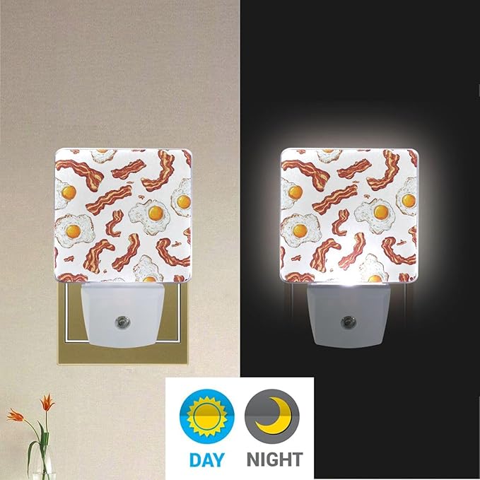 Pigsaly Led Night Light Vintage Bacon Tan Strips Fried Egg Night Light Plug in Wall Lamp Smart Dusk to Dawn Sensor Nightlight Led Lamp Energy Saving Lights Gift for Kids Room Bedroom Bathroom Hallway