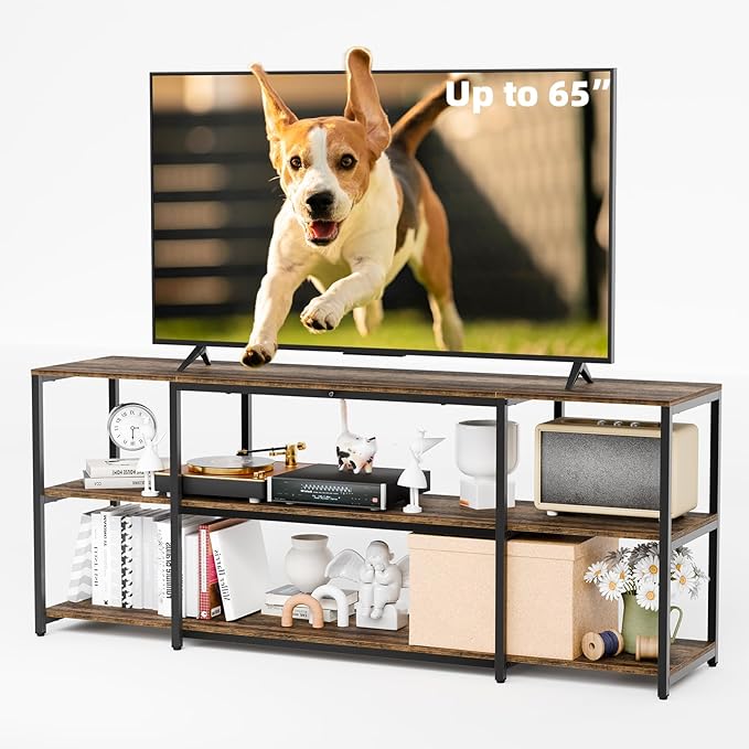 Aquzee 65 inch TV Stand, Entertainment Center for 40" 55" 60" 65" Television, Wood & Metal TV Console Table,Single Shelf Load 210lbs, 3Tiers Storage Rustic Television Stands, for Living Room Bedroom