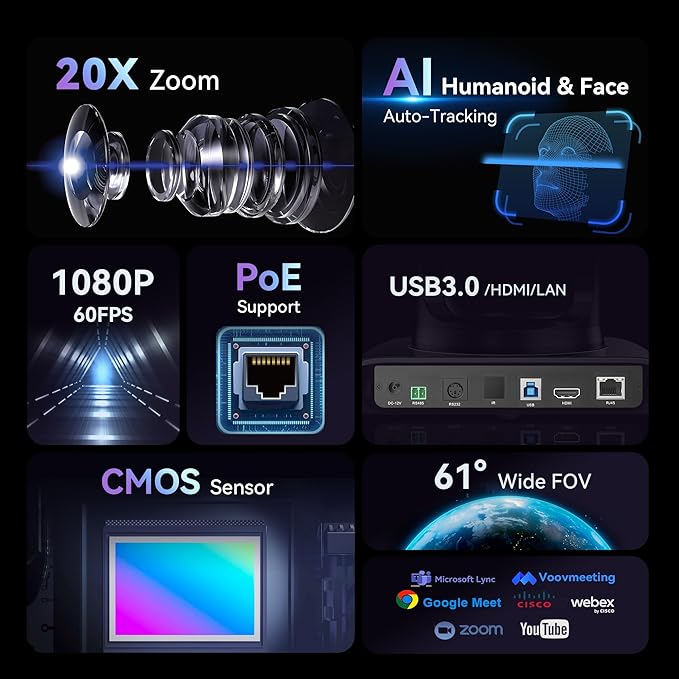 Tenveo HDMI/USB3.0/LAN(PoE) PTZ Camera AI Humanoid & Face Auto-Tracking, 20X Optical Zoom PTZ Camera IP Live Streaming, FHD 1080P 60FPS, for Church Services Worship Video Conference Live Streaming