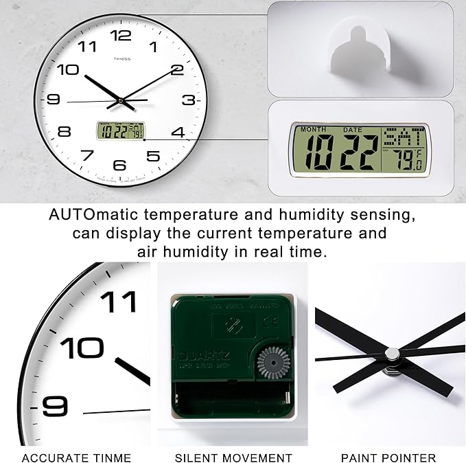 TIMESS Wall Clock, 14" Large Dial Non-Ticking Silent Battery Operated Analog with LCD Display for Perpetual Calendar and F° Temperature, Ideal Modern Home, Bedroom, Office Decor (Black)