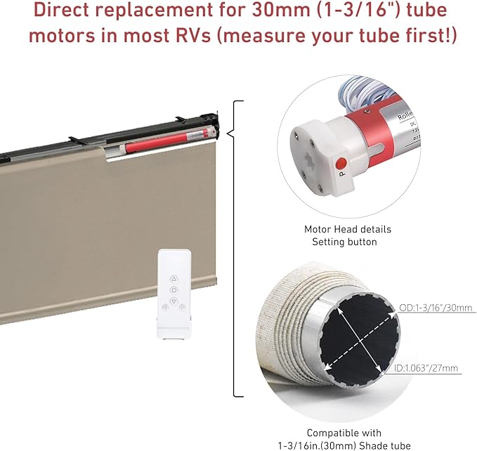 1-3/16inch (30mm) RV Electric Roller Shade Replacement Motor for RV Blinds & Shades – 12V Shade Tube Motor with Remote Control
