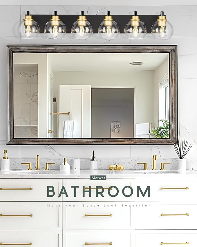 METWET Bathroom Light Fixtures, 6-Light Black and Gold Bathroom Vanity Light, 38 Inch Modern Wall Sconces with Globe Clear Glass Shade, Vanity Lighting Fixtures Over Mirror, VL195-KG-6