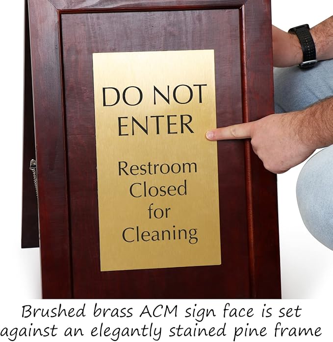SmartSign Premium "Do Not Enter Restroom Closed for Cleaning" Wooden A-Frame Standing Floor Sign, 2-Sided, 24" x 15", Hardwood Pine Frame, 120 mil Brass ACM Sign Face, Black on Gold, Made in USA
