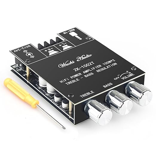 Wuzhi Audio ZK-1002T Bluetooth Amplifier Board 100W+100W Audio Amplifier Supports AUX/Bluetooth,Wide Voltage Input 12-24V