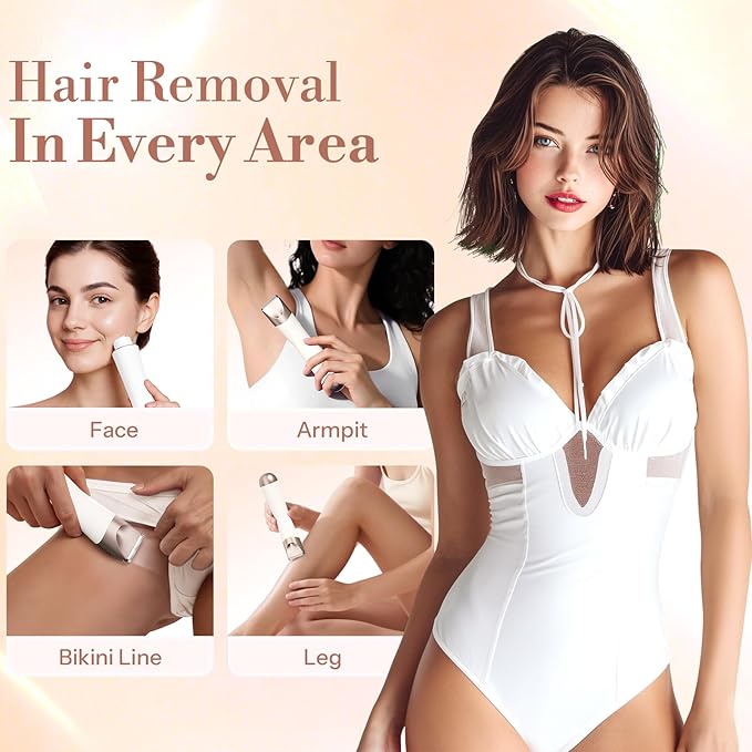 Bikini Trimmer for Women, 2 in 1 Electric Shaver for Women, Pubic Hair Trimmer Waterproof IPX7 with LED, Bikini Razor for Leg Arm Underarm Bikini Area, Pull Bows Gift Box for Friends - Shell White
